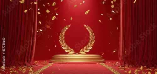 The golden laurel wreath on a luxurious red stage with falling confetti