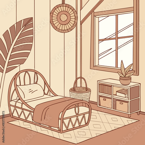 Boho style bedroom interior with rattan bed and plant decorations in warm line art