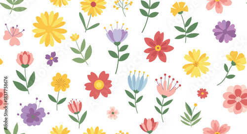 A vibrant and cheerful seamless floral pattern featuring a variety of colorful cartoon flowers and leaves scattered on a white background.