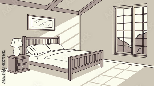 Spacious bedroom interior with wooden bed and window view on sunny day in line art