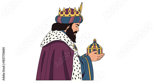 A colorful cartoon illustration of one of the Three Wise Men, or Magi, from the nativity story, holding a decorative gift box.