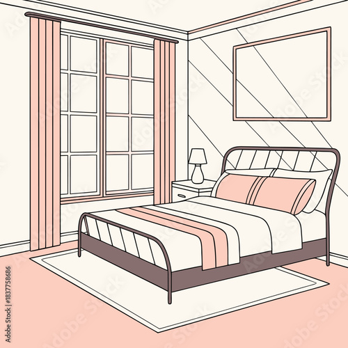 Cozy bedroom interior with bed, nightstand, lamp, window with curtains and abstract wall art