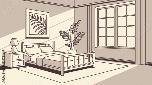 Bedroom interior line art with fern leaf painting and plant in pot, modern design room concept