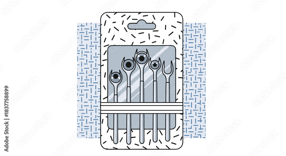 Obraz premium A cartoon illustration of a set of metal cocktail or fruit picks in modern packaging with an abstract background pattern.