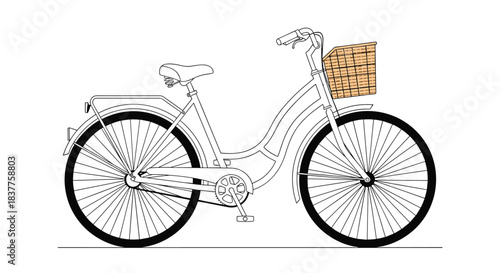 A simple and elegant line art illustration of a classic step-through bicycle with a wicker basket on the front handlebars.