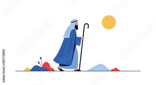 A flat, minimalist illustration of a biblical shepherd character in traditional robes, walking with a staff under a yellow sun.