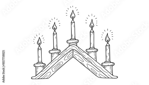 A wooden candle holder features five lit candles with glowing flames.