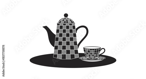 A stylized black and white illustration of a checkered teapot and teacup on a tray, creating a unique graphic design.