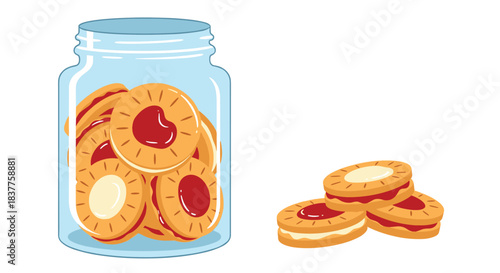 A cute cartoon illustration of a glass jar filled with jam-filled sandwich cookies, with three more cookies resting beside the jar.
