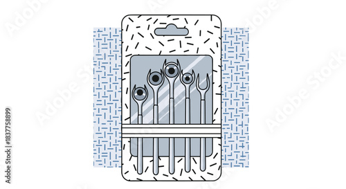 A cartoon illustration of a set of metal cocktail or fruit picks in modern packaging with an abstract background pattern.