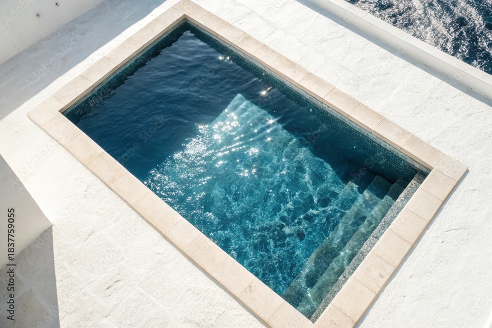 Fototapeta premium Modern swimming pool beside a luxury house with glass walls, wooden deck, and balcony. Calm water reflects sky and surroundings, creating a serene and spacious outdoor atmosphere.