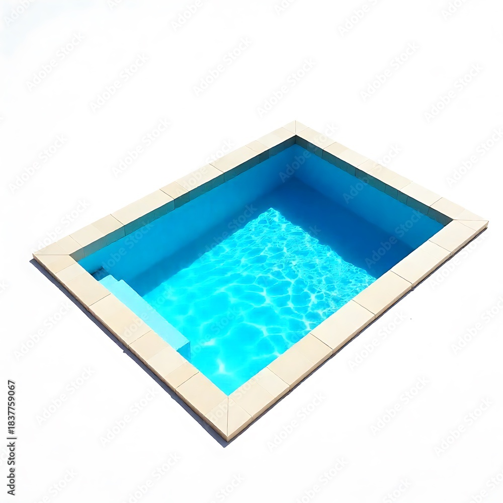 Fototapeta premium Modern swimming pool beside a luxury house with glass walls, wooden deck, and balcony. Calm water reflects sky and surroundings, creating a serene and spacious outdoor atmosphere.