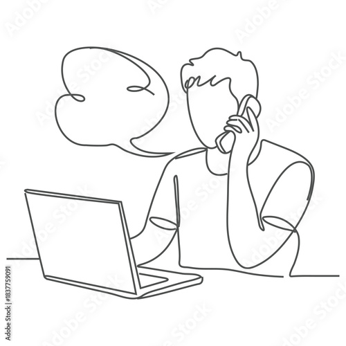 Man working on a computer hand drawn outline doodle vector icon. Working place sketch illustration for print, web, mobile and infographics isolated on white background.