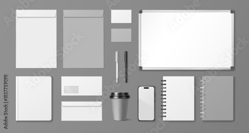 Office stationery mockups for corporate branding isolated on background. Vector realistic illustration of blank smartphone, envelope, business card, notebook, pen, cup, board for company presentation