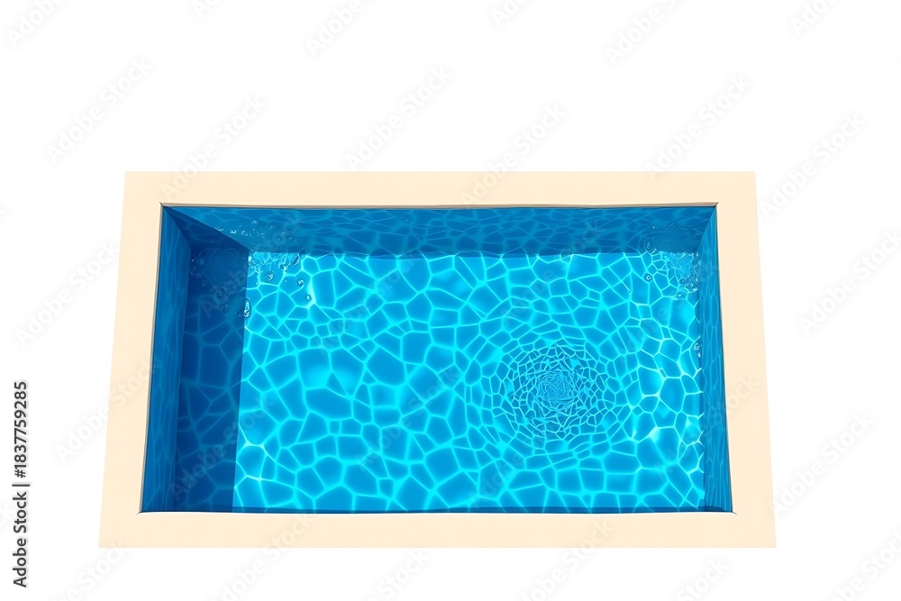 Fototapeta premium Modern swimming pool beside a luxury house with glass walls, wooden deck, and balcony. Calm water reflects sky and surroundings, creating a serene and spacious outdoor atmosphere.