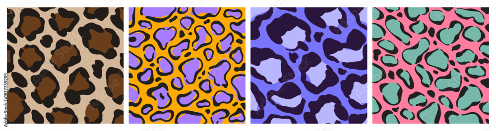 Fototapeta premium Animal skin patterns in y2k style. Brown and purple leopard spots, neon pink with green cheetah print texture. Abstract vector background for fashion or trendy graphic design