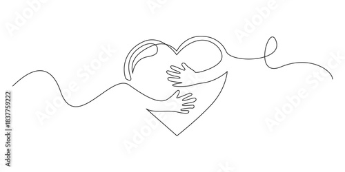 Continuous line drawing of hands gently hugging a heart.
One line drawing representing love, care, protection, compassion, emotional support, and a warm sense of connection.