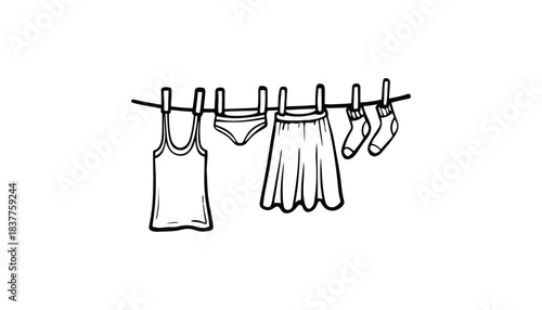 A simple line drawing of clothing items hanging on a clothesline.