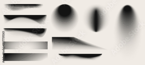 Abstract halftone shapes set isolated on background. Vector illustration of gradient dot frames with shadow effect, grainy noise texture, faded black stipple pattern, geometric dotwork elements