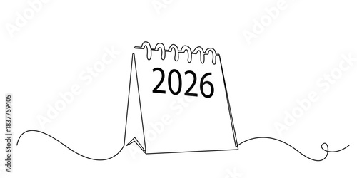 Continuous line drawing of a standing desk calendar displaying the year 2026.illustration planning, scheduling, new year celebrations, future goals, organization,time management.