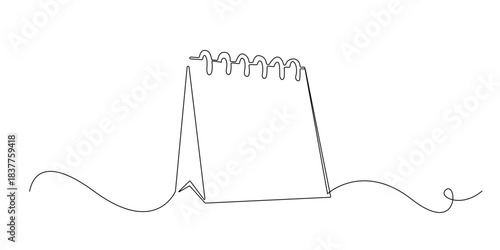 Continuous line drawing of a standing desk calendar with spiral binding.Single line illustration suitable for scheduling themes, planning, organization, reminders, and time management design.