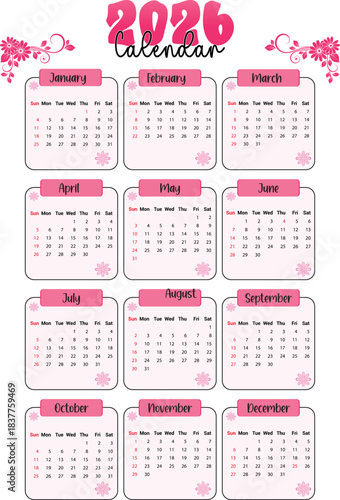2026 full year monthly calendar design with elegant pink numbers and decorative floral accents on a clean white background.