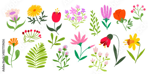 Crayon flower doodles in chalk pastel style - hand drawn spring blooms of tulips, daisies, roses and wildflowers with kid friendly aesthetic. Vector set for children greeting cards or botanical design