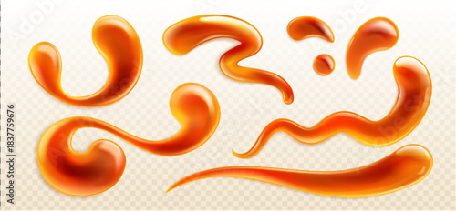 Caramel splash set with realistic sauce drips, syrup swirls and toffee drops in glossy orange-brown gradient. Liquid shapes of curved waves, circular blobs and flowing lines for food design.