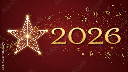  Gold 2026 with sparkle and star for Christmas design on red background