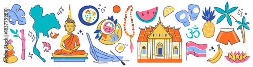 Thailand travel icons with Bangkok temple and buddha statue, thai map outline, traditional boat and tropical food elements. Culture tourism symbols of pagoda landmark, flag and lotus flower.