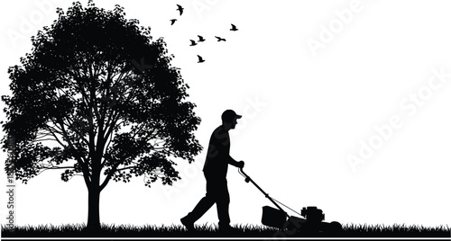 Lawn mowing silhouette, black and white vector, tree and bird scene, outdoor nature activity, peaceful garden design, human environment interaction