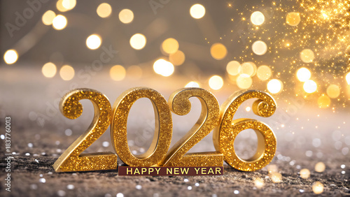 2026 sparkling on a glittery background with brilliant bokeh lights, celebrating a luxurious and festive Happy New Year