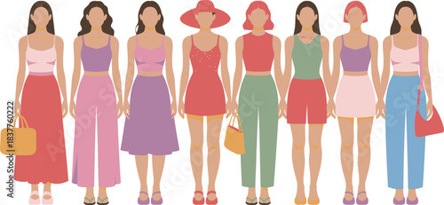 Flat Illustration of Diverse Women in Various Summer Outfits and Accessories