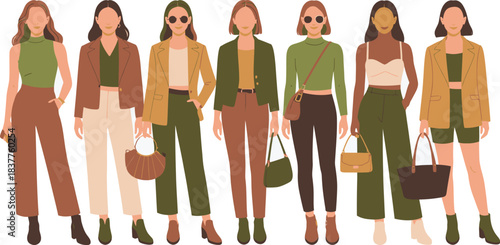 Group of Women in Earth Tone Outfits Blazers, Pants, Handbags, and Boots Fashion