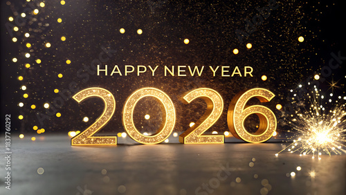 Golden shiny Happy New Year 2026 lettering animation with sparkling effects, festive Christmas celebration