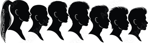 male and female profile silhouettes, human head outline set, hairstyle variation collection, side view faces vector design illustration pack