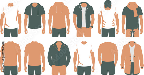 Illustration of Faceless Male Mannequins Dressed in Various Outfits like Hoodies, Tshirts, and Coats