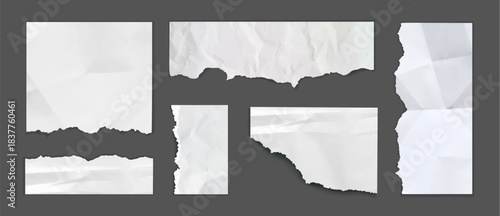 Torn crumpled paper pieces set isolated on background. Vector realistic illustration of blank old notebook sheet or diary page with wrinkled surface, memory note, grunge banner design elements