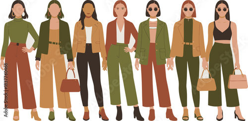 Illustration of Women in Earth Tone Outfits, Standing Together with Handbags and Stylish Accessories