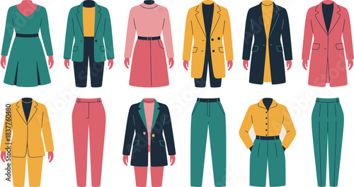 Illustration of Outfits Dresses, Blazers, Pants, Skirt, and Shirt in Various Color Combinations