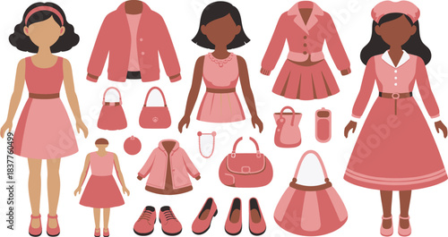 Illustration of Women, Dresses, Bags, Jackets, and Shoes in Coordinating Shades of Pink