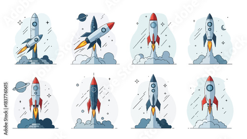 Rocket launches into space with stars and planets