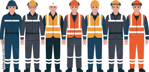 Seven Illustrated Workers in Various Uniforms and Safety Gear Standing Side by Side Against White Background
