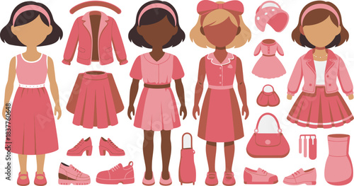 Pink Fashion Collection Faceless Dolls with Matching Outfits, Shoes, and Accessories Illustration