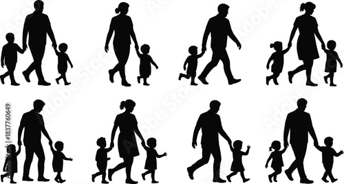 Silhouette Parents Walking with Children, Family Outing, Mother, Father, and Kids Together