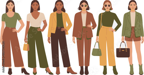 Six Diverse Women Showcasing Earth Tone Fashion Outfits Blazers, Tops, Pants, and Accessories