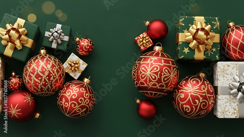 Festive christmas gifts and ornaments arranged on a dark green background