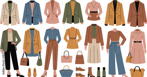 Stylish Women's Clothing and Accessories Blazers, Dresses, Trousers, Bags, and Shoes Illustration