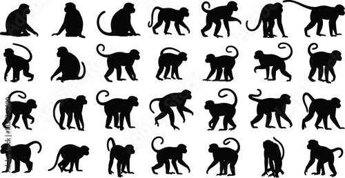 Monkey silhouette collection in various poses, wildlife animal illustration set, playful primate graphic design, nature themed artwork bundle