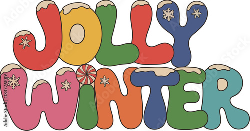 Jolly Winter: Playful, retro-style typography spells out Jolly Winter, complete with whimsical embellishments evoking a cozy, festive ambiance.
